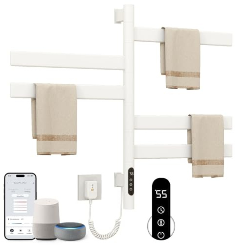 SKYLYZH Handtuchheizkörper 180° Drehung Elektrisch Handtuchwärmer Handtuchtrockner 450×680mm 120W Weiß Elektrisch Badheizkörper Elektrisch Handtuchheizung mit Timer und Thermostat-G68 WiFi White