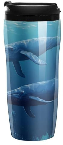 Blue Whale Coffee Mug Double Wall Travel Tumbler with Lid Tea Cup for Hot/Ice Drinks 350ml