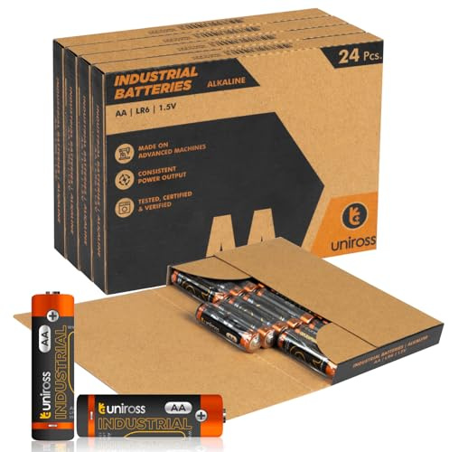 96 Pile Alcaline AA / LR6 / Stilo / 1,5V Uniross Industrial per Dispositivi Professionali Mouse Telecomandi Radio Torce e Giocattoli - 4 Box da 24 Batterie