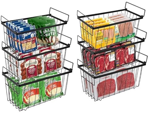Refein Chest Freezer Baskets - 6 Pack Stackable Freezer Organiser Bins for 198L Chest Freezer Easy to Sort and Get Food with Fold down Handles Save Space and Air Circulation Storage (Black)