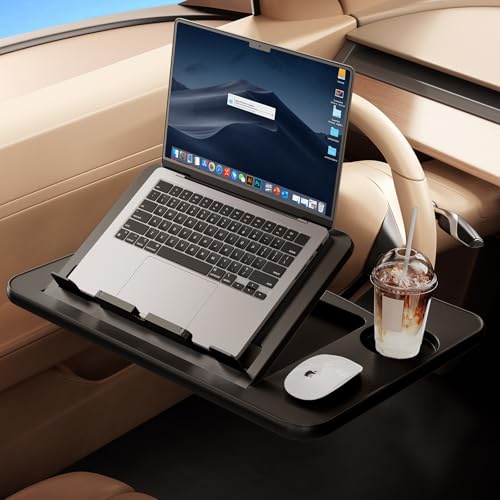 WISFISSH 3 in1 Car Steering Wheel Tray Table for Laptop, Height Adjustable Car Table Tray for Driver, Car Food Tray with Drinks Holder,Multipurpose Travel Car Accessories for Long Road Trips-Black