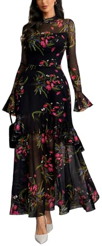 GothDark Womens Long Sleeve Bodycon Evening Winter Wedding Guest Maxi Dress | Round Neck, Fall Bell Sleeve, Ruffle Hem, Date Night, Cocktail, Party, Formal, Elegant Vintage Long Dresses