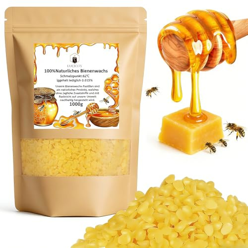 LUCKYJY Bienenwachs 1000g, 100% natürliches Bienenwachs Pastillen gelb für Kosmetik Kerzen Cremes Salben Seifen Wachstücher im praktischen Zip-Beutel