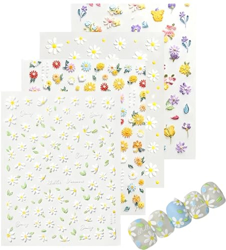 KAHZOR 4 pezzi Adesivi Unghie 3D Fiori,Stickers Unghie Autoadesivi,Decorazioni 5D,Sticker per Unghie,Nail Art Stickers per Unghie,Disegni Nail Art per Primavera e Estate,Accessori per Nail Art