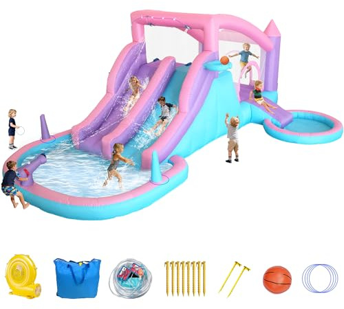 Anypool 9-in-1 Inflatable Water Slide Bounce House 3 Slides Splash Pool Water Cannon Ball Pit Basketball 520W Blower 197x148x75 Inches Backyard Water Park for Kids Ages 3-8