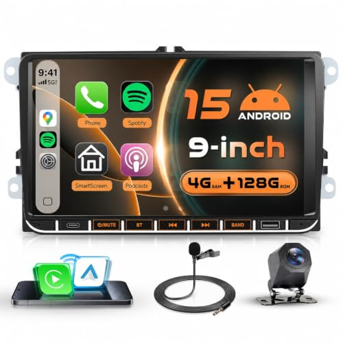 VECHTEL 4G+128G Radio de Coche Android 15 para VW Golf 5 6 Passat B6 B7 Touran Tiguan Caddy, 9'' IPS Pantalla Táctil con Carplay Android Auto Inalámbrico GPS WiFi USB/Tipo-C Bluetooth FM RDS Cámara