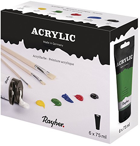 Rayher Acrylfarben-Set, 6 Tuben je 75 ml (schwarz/weiss/rot/grün/gelb/blau), für Einsteiger und Profikünstler, für viele Untergründe geeignet, schnell trocknend, wasserbasierend, lichtecht, 38931000