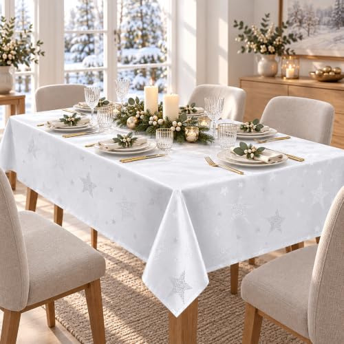 KAMACA Lotus Effekt Tischdecke Magic Stars mit Sternen Motiv - Fleckschutz Flüssigkeiten perlen einfach ab farb- & formstabil stilvoller Glanz für Advent & Weihnachten (Tischdecke 130x160 cm, Weiß)
