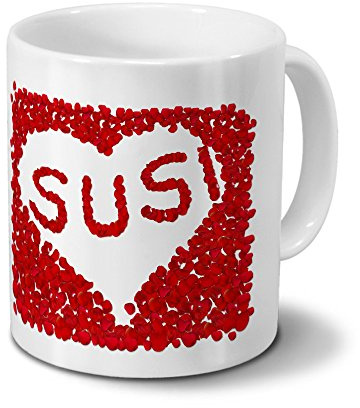 Tasse mit Namen Susi - Motiv Rosenherz - Namenstasse, Kaffeebecher, Mug, Becher, Kaffeetasse - Farbe Weiß