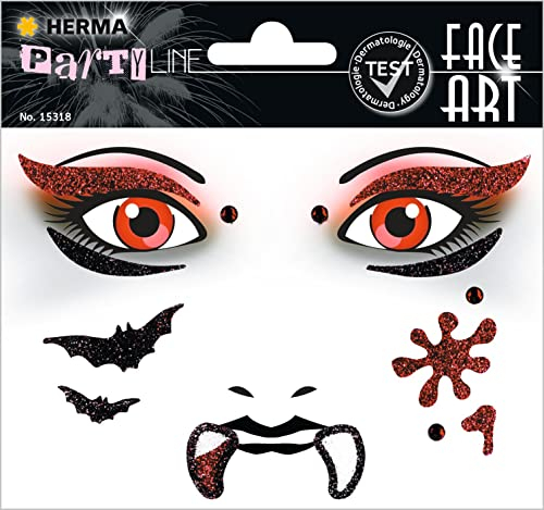 HERMA 15318 Face Art Sticker Vampir, dermatologisch getestet, ablösbare Glitzer Gesicht Aufkleber, temporäre Tattoos für Karneval Fasching Halloween Festival Kinder Geburtstag, rot schwarz