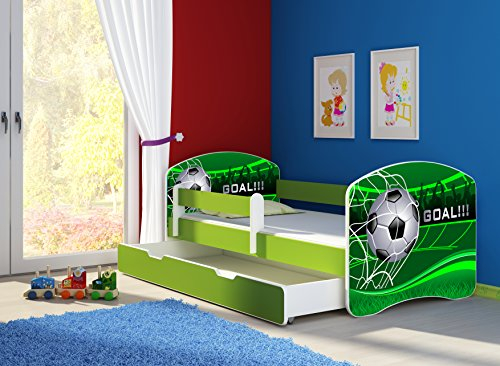 CLAMARO 'Fantasia Grün' 180 x 80 Kinderbett Set inkl. Matratze, Lattenrost und mit Bettkasten Schublade, mit verstellbarem Rausfallschutz und Kantenschutzleisten, Design: 14 Fußball Toor