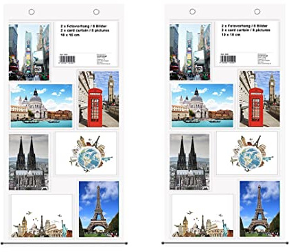 trendfinding® Fotovorhang 10x15cm Hoch und Querformat Foto Bilder Postkarten Format Fotowand Fotogalerie Fototaschen Fotohalter Taschenvorhang Fotos (2 x 8 Fotos Hochformat/Querformat 10x15)