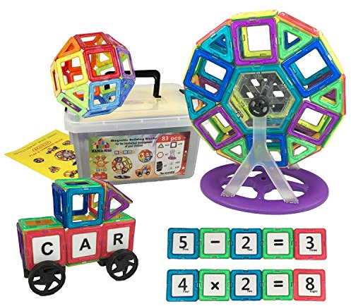 Magnetische Bausteine │ 83 Stücke: XXL-Magnetfliesen, Riesenrad, Autoräder, Buchstaben und Figuren + Aufbewahrungsbox aus Kunststoff │ Großes kreatives Geschenk für Jungen und Mädchen ab 3 Jahre alt