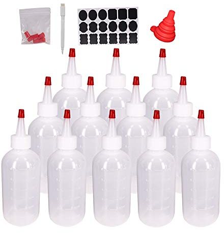 ZMCYN 180ml/6ounce 12 Pack Plastic Squeeze Bottles with Red Caps, Empty Squeeze Bottles with One Funnel and Labels Squirt Condiment Bottles for Oil, Sauce, Ketchup, Barbecue Sauce, Dressing, Paint