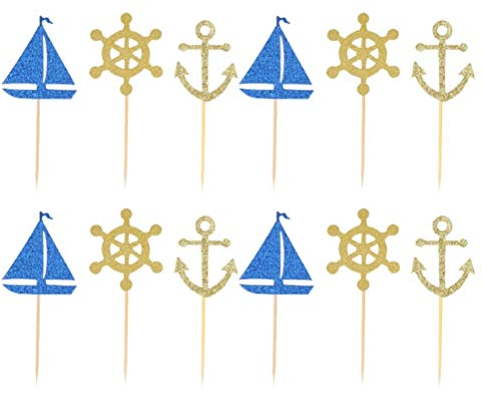 Amosfun 36Pcs Nautical Sailing Boat Anchor Cake Topper Ocean Theme Cupcake Topper Glitter Cardstock Topper Cake Decoration Supplies for Wedding Party Festival