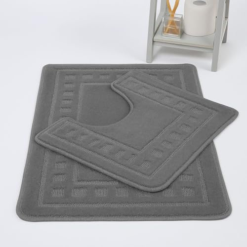 HOMES-LINEN Diem Square 2 Piece Bath Mat & Pedestal Set Non Slip Extra Absorbent Bathroom Toilet Rug Bath Mats Set (Grey)
