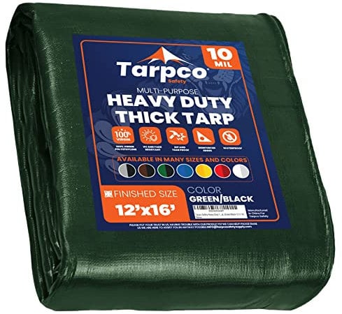 Tarpco Safety Lona de protección Lona Impermeable con Ojales, (3.65m X 4.85m, 190 g/m²) 10 Mil, Funda Protectora para Techo, Barco, Muebles, Jardín, Piscina, Coche, Verde/Negro
