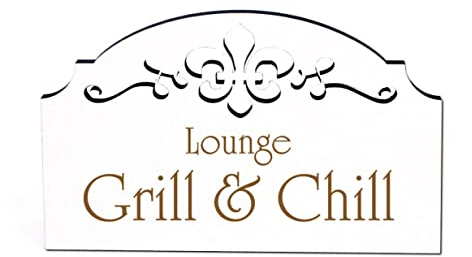 Grill & Chill Lounge Schild Holz graviert Ornamente selbstklebend Grillplatz Dekoschild 15,5 x 9,5 cm