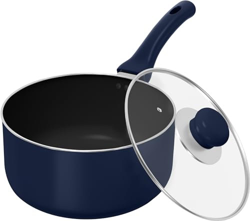 Utopia Kitchen Stielkasserolle mit abnehmbarem Griff, antihaftbeschichtet, mit Glasdeckel, vielseitig einsetzbar für Zuhause, Küche oder Restaurant, Mitternachtsblau, Schwarz, 2 l