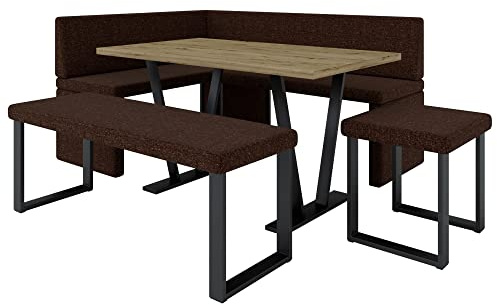 Eckbank Akiko Metal mit Tisch und Bänken - Eckbankgruppe für Ihrem Esszimmer, Küche modern, Sitzecke, Essecke. Perfekt für Küche, Büro und Rezeption. Solide Verarbeitung (INARI 28, 196x142 rechts)