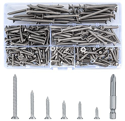 300 Pcs Stainless Steel Wood Screws, Cross Drive Flat Head Screws Assortment Kit, Self Tapping Drywall Countersunk for Woodworking DIY - M3.5/M4.2/M4.8, 13mm/19mm/32mm/25mm/50mm