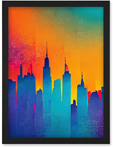 Wee Blue Coo Modern Abstract Warm Bright Colourful New York Sunset Skyline Artwork Framed Wall Art Print A4