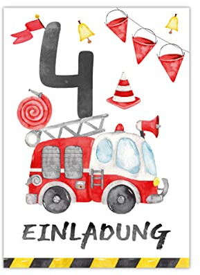 Junapack 12 Einladungskarten zum 4. Kindergeburtstag vierte Geburtstag Jungen Feuerwehr Feuerwehrauto