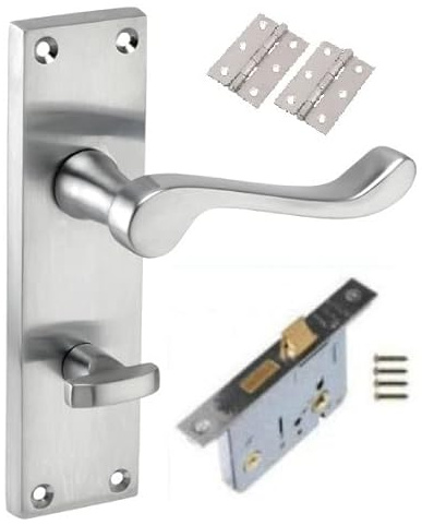Golden Grace Scroll Bathroom Door Handles with Lock Set, Bathroom Set | Satin brushed chrome finish on a 150mm x 40mm backplate; includes spindles, screws, 64mm mortise and 3-inch butt hinges.