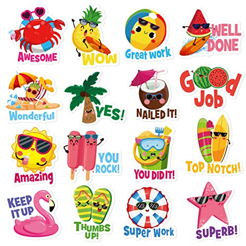 400 Pieces Summer Back to School Stickers Teacher Reward Stickers Motivational Good Job Labels Stickers Beach Cute Stickers for Kids First Day of School Homework Classroom Tests Assignments （Summer）
