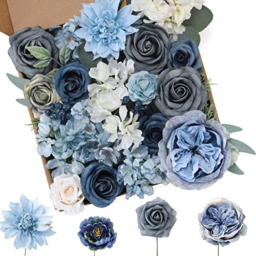 Floweroyal Fiori Artificiali Fiori di Seta Blu Rose Dalia con Steli per Bouquet da Sposa, Baby Shower, Disposizione floreale, Centrotavola, Decorazioni per la casa.