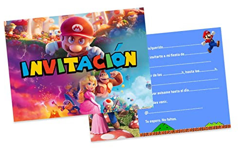 BIGADO 12 Tarjetas en español - Invitaciones Cumpleaños Super Mario con Acabado Brillante en Tamaño A6 y Decoración Temática de cumpleaños mario bros