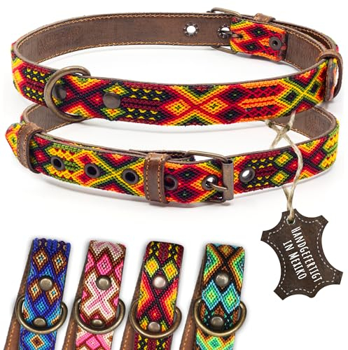 ALTEZAR Hundehalsband Leder - braunes Rindsleder Tribal Feuerrot durchgehend Bestickt gelb/orange/rot - Handgemacht in Mexiko Lederhalsband Hund - Größe L - für große Hunde