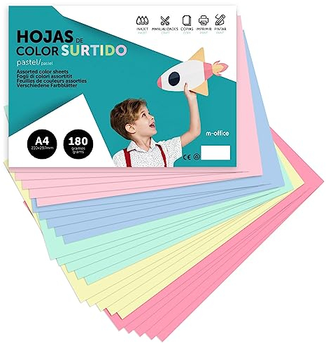 Farbkarton, Karton, A4, verschiedene Pastellfarben, 180 g, zum Basteln, Drucken von Dokumenten und kreativen Designs, Farbfolien A4 · m-office (x500 Pastellsortiment)