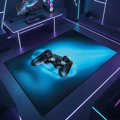 Teppich-Traum Gaming Teppich Joystick Blau Schwarz 140x200 cm | Blauer Lichtstrahl mit futuristischer Controller-Optik, rutschfest, strapazierfähig und pflegeleicht für Jugendzimmer