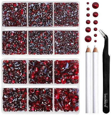 BEADSLAND Strass Hotfix, 6080PCS Strass Rouge Thermocollant pour Vetement Mixte 6 Tailles avec Crayon de Cire et Kit Pince à Épiler, SS6-SS30,Siam foncé
