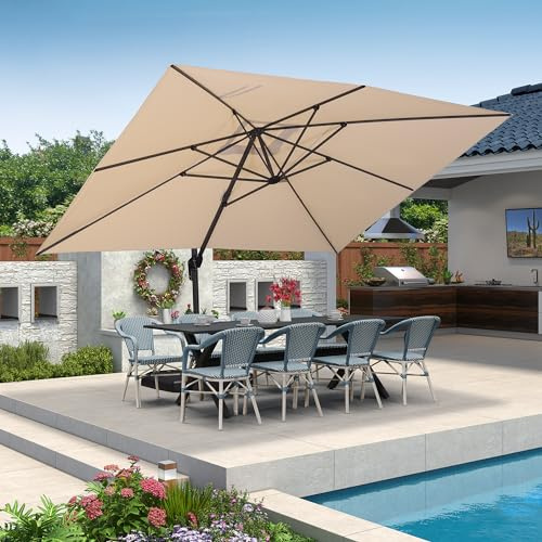 PURPLE LEAF Ombrellone da Giardino 3 x 4 m, Ombrellone da Esterno con Manovella, 5 Inclinazioni e Rotazione a 360°, Tela Anti-UV UPF 50+ e 8 Stecche in Alluminio per Balconi Terrazze Piscine, Beige