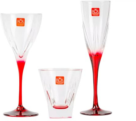 Juego de 18 piezas con 6 copas de vino, 6 flauta y 6 vasos de agua de cristal, transparente y rojo