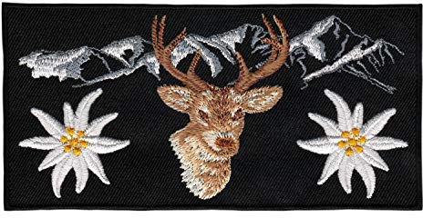 Alpen Berge Schwarz Hirsch Edelweiß Aufnäher zum aufbügeln Bügelbild Applikation Aufbügler für Kleidung gestickter Bügelflicken Blume Tracht Bayern Patch Größe 13 x 6,5 cm