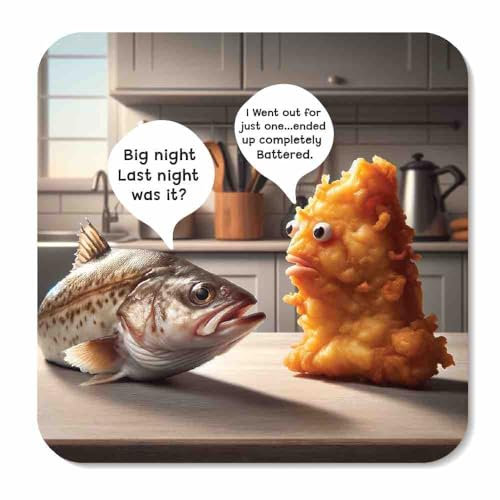Huxters Geburtstags-Untersetzer für Männer und Ihn – Got Battered Cod Geburtstag für Bruder, Onkel, Freund, Sohn, Neffe, Cousin, Großvater, 9 cm