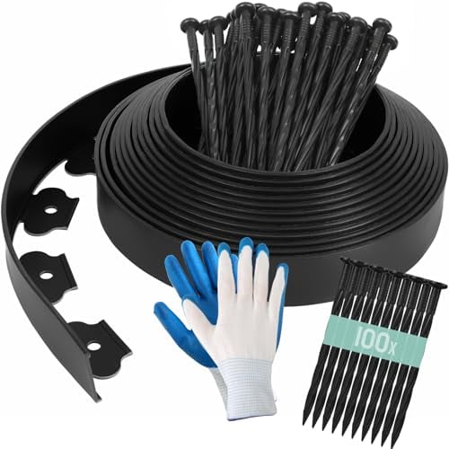 20M Rasenkante Kunststoff, Flexible Beeteinfassung, Lawn Edging, mit 100 Erdanker + 1 Paar Handschuhe, Höhe 5cm Beetbegrenzung Kunststoff, Gartenzaun, Rasenkanten, Schwarz Mähkante, Rasenkantenband