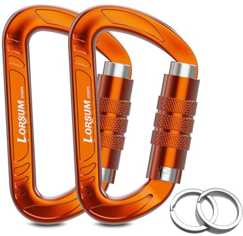 Lorsum Auto Locking Carabiner Clips Heavy Duty, 12KN /1227kg Lightweight (1.0oz), Sturdy Twist Lock Caribeeners for Camping Hiking Hammock Swing Backpack, Dog Leash and Harness etc, 2 Pack Orange