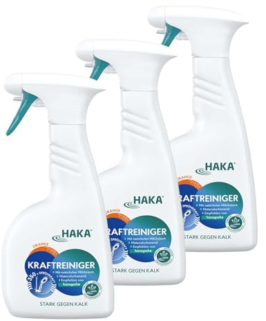 HAKA Kraftreiniger Spray, 3x 500ml, Badreiniger, starke Kalk- und Schmutzlösekraft, für Bad und Dusche, umweltfreundlich, Orangenduft, vegan