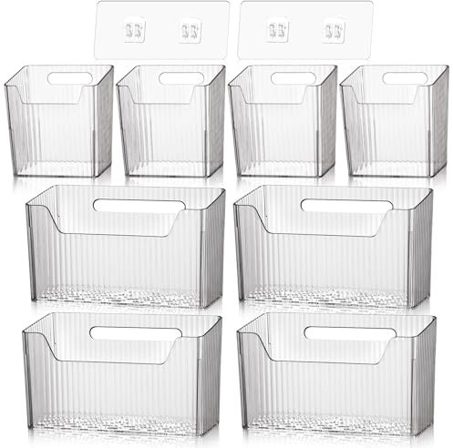 SiliFine 8 Pcs Storage Organizer Bins Wall Mounted Organizer Basket Plastic Cabinet Door Organizer Stackable Hanging Baskets for Organizing for Wall Refrigerator Kitchen Bathroom Pantry (Clear)
