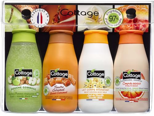Cottage Kit Voyage - Gel Douche Gommage + gel Douche Lait + Lait Corps Hydratant + Shampoing Doux - 97% d'ingrédients d'origine naturelle - 4 * 50ml
