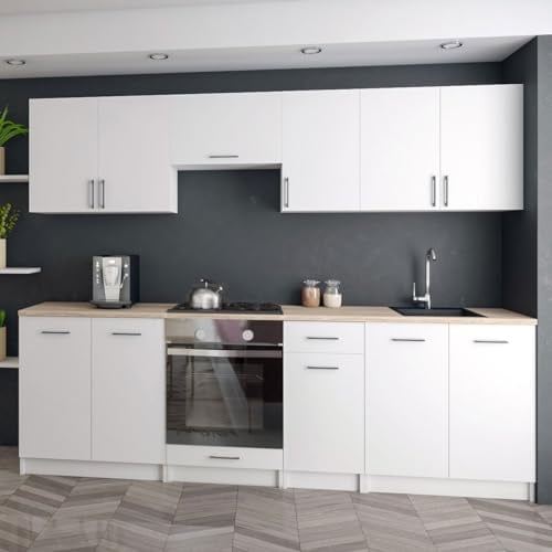 roe furniture Küchenzeile ohne Elektrogeräte - Modern Einbauküche 240 cm - Küche Komplett Leco - Küchenblock - Geräumige Singleküche - Küchenmöbel Komplett Mattweiß & Weiße Arbeitsplatte