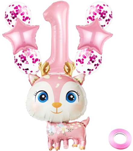 Kawailay 1. Elch Geburtstag Deko Rentier 1. Geburtstag Deko Ballons Hirsche Elch Folienballon Rosa Zahl 1 Luftballon für Mädchen Geburtstag Party Motto Party