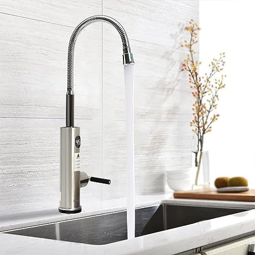 Elektrischer Wasserhahn mit Durchlauferhitzer, Flexibel Drehbar Edelstahl Wasserhahn Küche Armatur, LED Digitalanzeige Mischbatterie Schnellheizungs Küchenarmatur, Silber