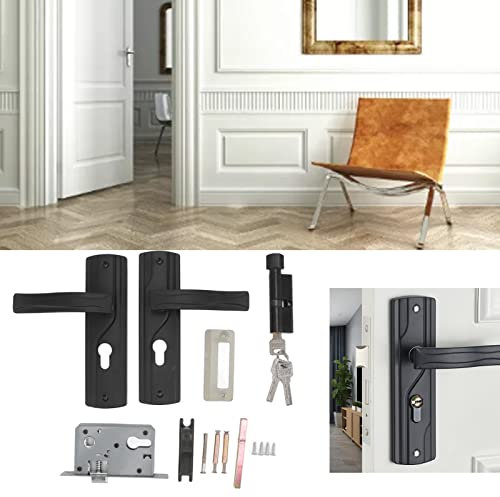 Door Handle Lock Set with Silent Bearing, Manganese Steel, Universal Lever with Keys for Bedroom, Black, 3.5-5cm Door Thickness