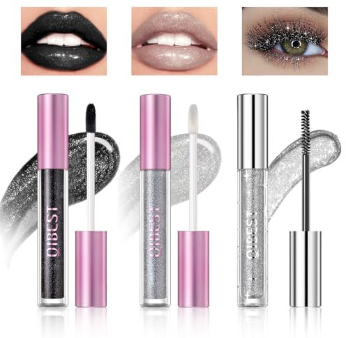 Likesing 3 Piezas Pintalabios Negro Permanente Purpurina Mascara de Pestañas Labiales Larga Duracion Mascara Labial Lip Tint Gloss Stain Brillo Tinta Barra Labios Tinte Lipstick Maquillaje Set Mujer