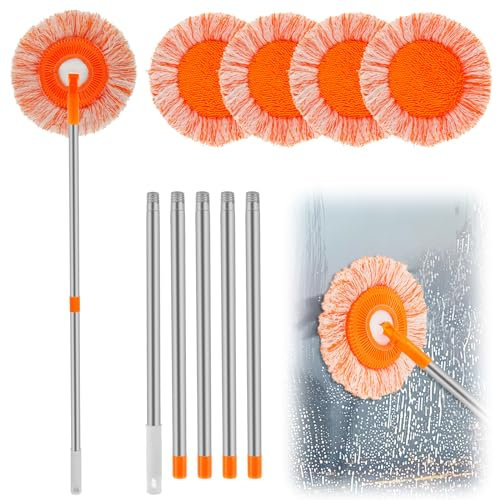 Fregona de limpieza de pared redonda, fregona de microfibra para techo con mango largo extensible ajustable y giratoria de 74 pulgadas con 5 paños de fregona, limpiador de polvo de pared seco y húmedo